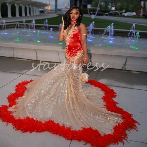 Sexy preto meninas vestido de baile vermelho com penas frisadas cristal ver através da sereia vestido de aniversário formal 2024 plus size celebridade baile de formatura ouro renda vestidos de gala