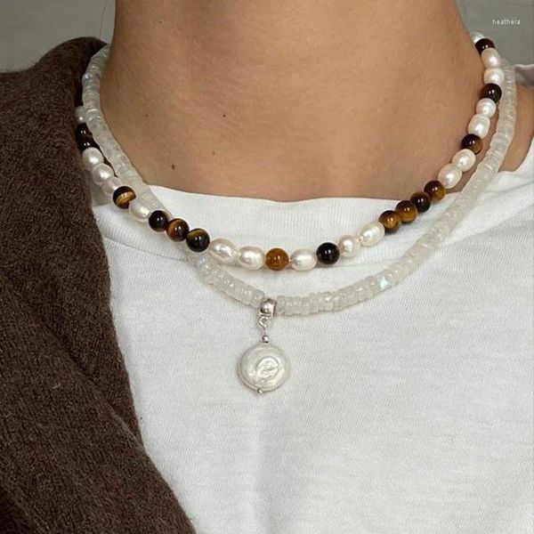 Girocollo 2024 Ins Collana a catena con colletto di perle d'acqua dolce misto con pietra tigre personalizzata per accessori di gioielli di lusso leggeri da donna