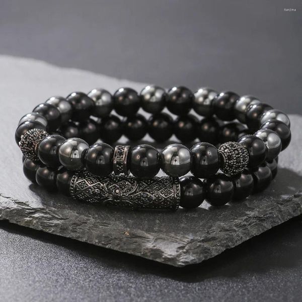 Strand 8mm pulseira de contas pretas para homens pedra fosca micro incrustada zircão conjunto natural joias elásticas