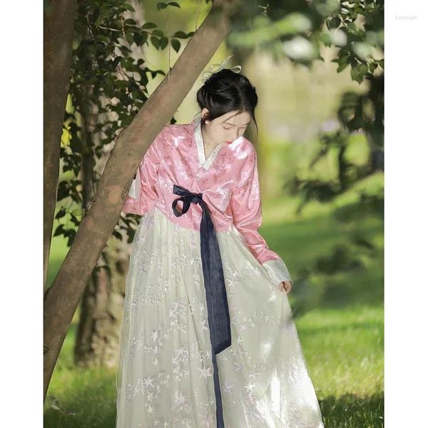 Roupas étnicas 2023 outono kawaii rosa jacquard tops vestido de renda branca mulheres noiva hanbok moda coreana fada princesa dança traje