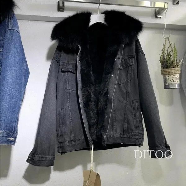 Cappotto da donna in pelliccia staccabile con colletto finto, giacca imbottita imitazione donna in denim, monopetto per l'inverno