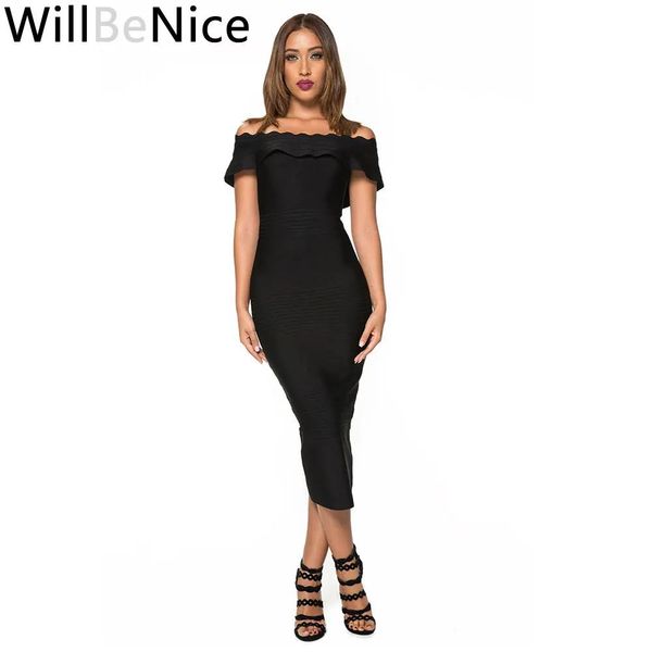 Abiti Willbenice Black Red Black Exap Sexy Women Off spalla Bodycon Banfle Bandage Dress Codycon Woman Party Night Elegance Midi