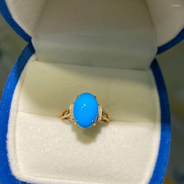 Cluster-Ringe JHY2024 G18K Massivgold 18K natürliche blaue Türkis-Edelsteine 13 9,1 mm Diamanten weiblich lässig sportlich