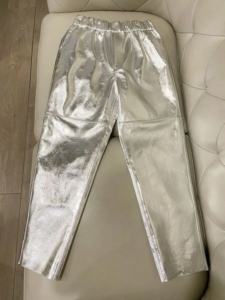 Calças femininas capris y2k mulheres moda coreana couro genuíno shinny prateado pantalons streetwear feminino casual estilo solto 231218