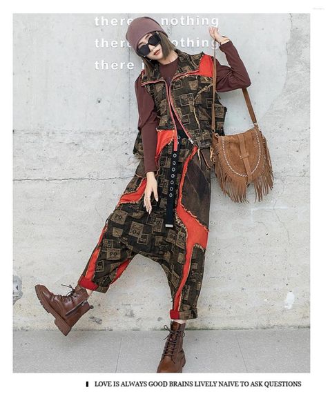 Zweiteilige Damenhose URIOR Stilvolle coole Farbkontrast-Spleißen Distressed Denim Weste Schritt 2023 Frühling Herbst Patch-Set