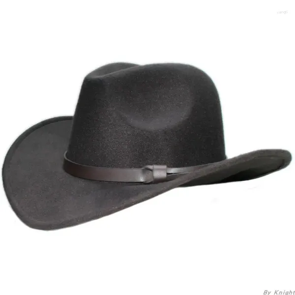 Berretti A185 Cappello Fedora in lana per adulti Cintura in pelle caffè Genitore e cowboy Berretti a bombetta stile college a tesa larga