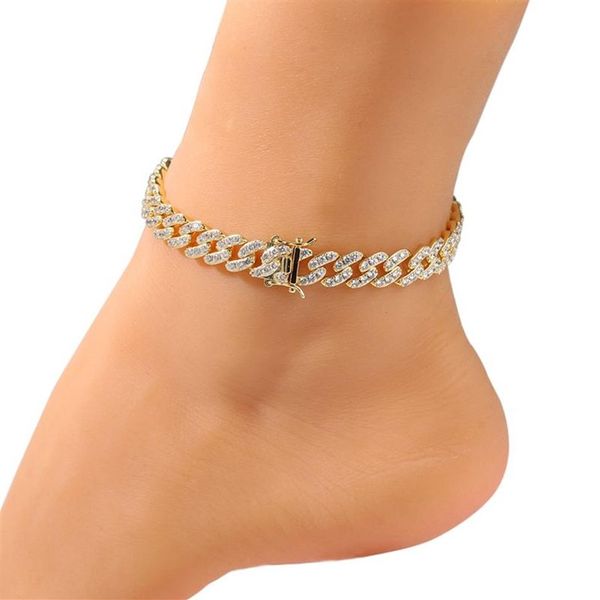 Bracciale cavigliere da donna Braccialetti con cavigliere a maglie cubane ghiacciate Braccialetti con cavigliere Hip Hop con diamanti rosa oro argento222S