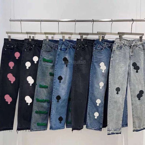 jeans firmati per pantaloni da uomo jeans viola Chromes Jeans personalizza le tendenze Distressed Black Ripped Biker Slim Fit Mans jeans impilati uomo jeans larghi buco