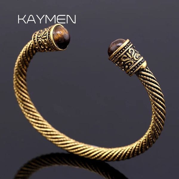 Bangle Kaymen Vintage Declaração Cuff Bangle Pulseira para Homens Mulheres Unisex Jóias Incrustadas Tiger's Eye Stone Viking Bangle 231218