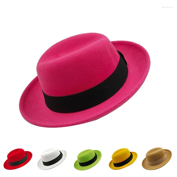 Berets 2023 Lässige Mode Klassische Luxus Kurze Krempe Filz Fedora Hut Mit Band Frauen Gentleman Einfarbig Panama Vintage Top