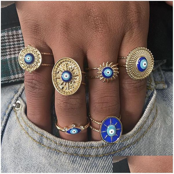 Anéis de cluster vintage azul mau olho anel de dedo para mulheres presente jóias forma de sol turco sorte ajustável acessórios de festa gota deliv dhsfm