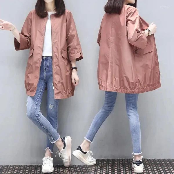 Mulheres Trench Coats Verão Três Quartos Manga Windbreaker Mulheres Casaco Solto Casaco Fino Feminino Mid-Comprimento Redondo Pescoço Blusa