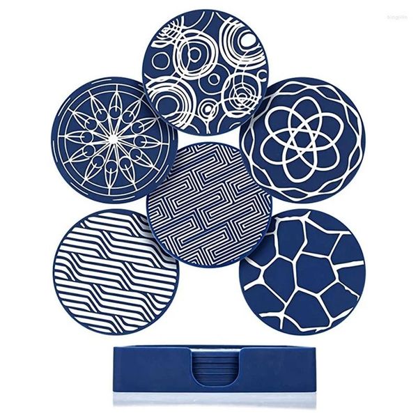 Tischsets 6 Stück Getränkeuntersetzer Runde Silikongummi-Becherauflage mit Aufbewahrungsbox Geeignet für Bardekoration Schützen Sie den Desktop