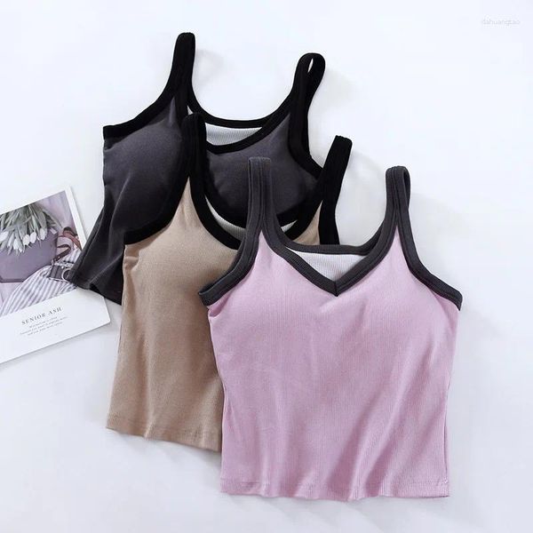 Damen-Tanks, gerippt, ärmellos, Riemen, gepolsterte Brust, Basisschicht, Crop-Tops, Kontrastfarbe, Baumwolle, weibliche Tank-Outwear C5621