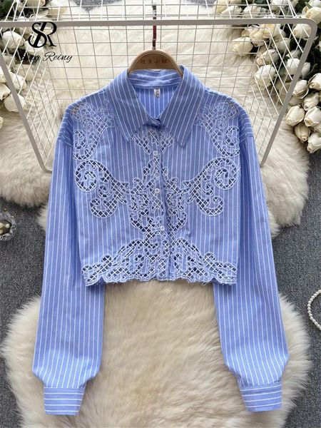 Blusas femininas Singiny Estilo Coreano Camisa Listrada Gancho Flor Oca Out Design Mangas Compridas Polo Collar Cardigan Mulheres Outono Sênior OL