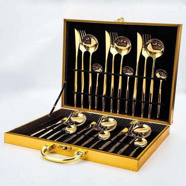 Set di stoviglie regalo da tavola 24 pezzi con scatola di legno Set di posate cucchiaio forchetta coltello posate oro