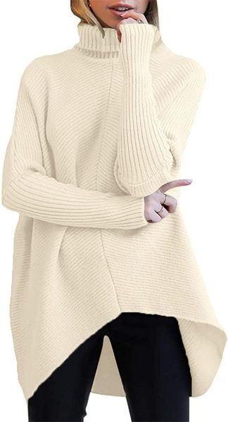 Suéter feminino gola alta suéter grande 2023 manga morcego assimétrica bainha casual malha pulôver túnica suéter