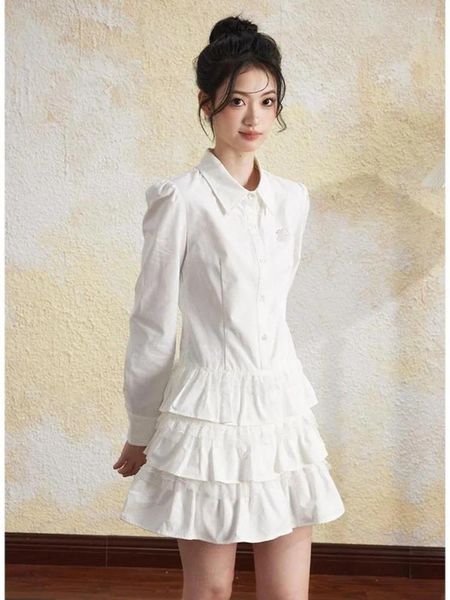 Vestidos casuais hikigawa chique moda coreana mulheres doce camisa branca vestido início outono escritório senhora mini babados em camadas vestidos mujer