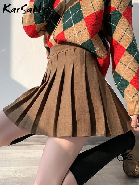 Юбка короткие шерстяные плиссированные юбки для женщин Зима 2022 Мини -юбка с высокой талией с шортами плиссированные школьные юбки Хаки Зимняя шерсть
