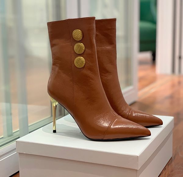 Designer ouro saltos finos botas nuas mulheres 100% couro macio botas superiores banquete sexy e confortável sapatos de caminhada EU35-41 com caixa