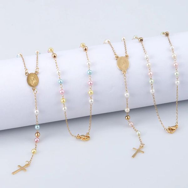 Delicata catena di perle con perline Collana in oro 14K con croce della Vergine Maria Rosario V per donne e ragazze adolescenti da 20 pollici