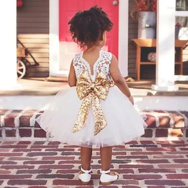 Vestidos de menina vestido flor branco tule cetim apliques com grande laço dourado pequeno casamento festa de aniversário primeira comunhão feriado