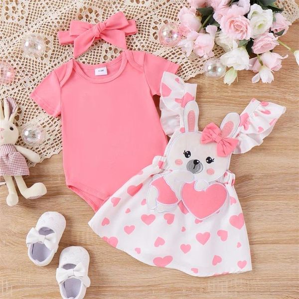 Kleidungssets CitgeeSummer Ostern Kleinkind Baby Mädchen Set Kurzarm Strampler Patch Herz Druck Hosenträger Rock Schleife Stirnband Outfit