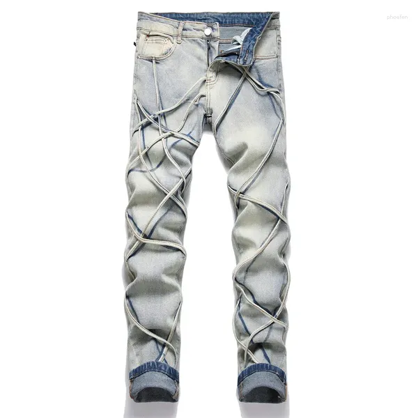 Jeans masculinos punk denim magro reto pantalones hombre calças masculinas múltiplas tiras tecidas hip hop retro azul casual