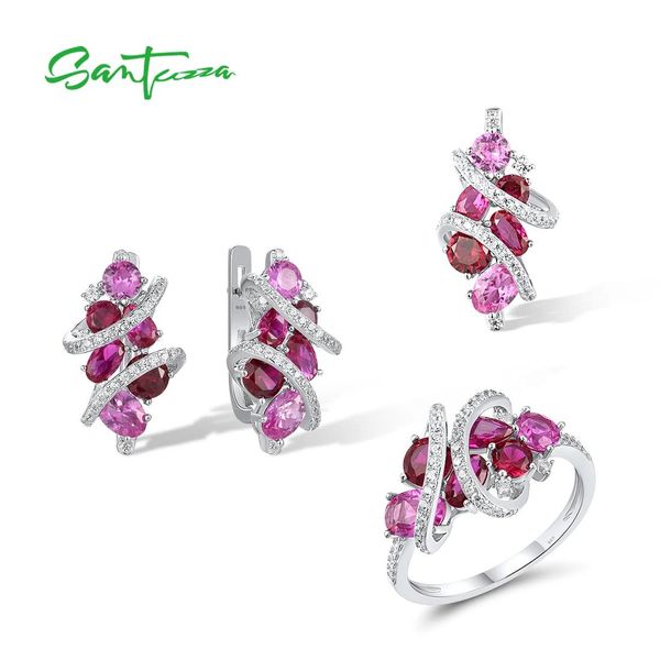 Halskette Santuzza Schmuckset für Frauen Sterling Silber Lab Created Rosa Saphir Rubin Anhänger Ohrringe Ring Set Hochzeit Edlen Schmuck