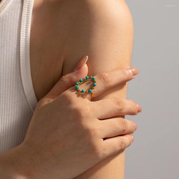 Anéis de cluster de aço inoxidável grande anel oval oco 18k ouro pvd banhado turquesa ajustável moda feminina acessórios jóias presente