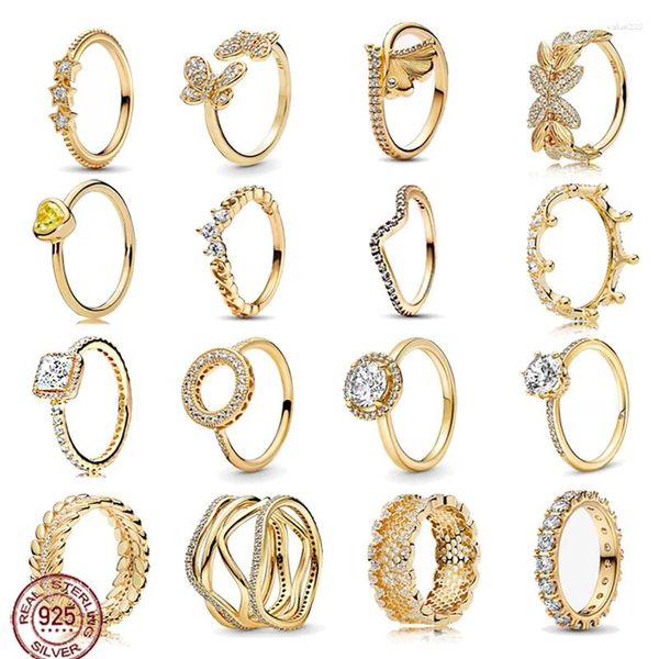 Anéis de cluster vendendo anel de série de ouro 925 prata esterlina requintado estrela redonda onda charme presente de noivado feminino