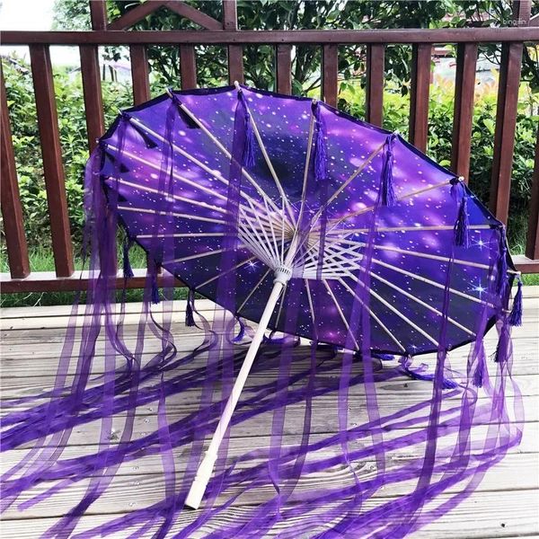 Guarda-chuvas 82cm Hanfu Papel Oleado Guarda-chuva Chuva Mulheres Pogal Prop Prova Fita Antique Borlas Fan Paraguas Parasol