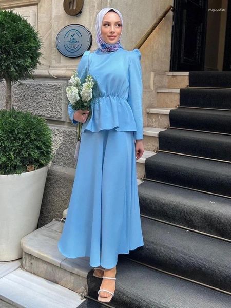 Abbigliamento etnico 2 pezzi Set musulmani Dubai Camicia turca Camicette Top con gonna lunga Eid Abito modesto islamico per le donne Completi musulmani