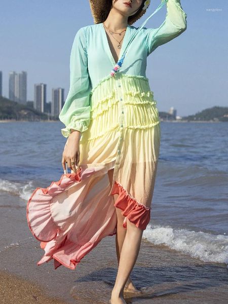 Abiti casual Summer Beach Long Woman 2023 Party Dress Donna Elegante lusso con volant stampa gradiente Maxi