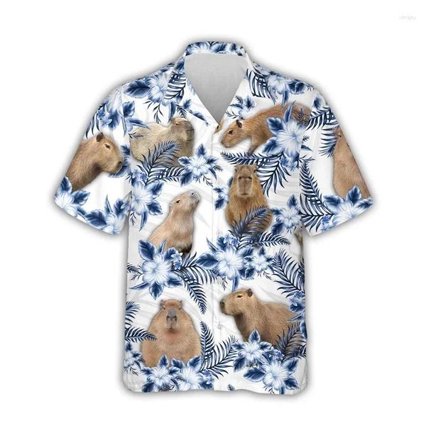 Camicie casual da uomo Camicia modello Capibara Kawaii Stampata in 3D Hawaii Aloha Beach Manica corta Cool Top risvolto