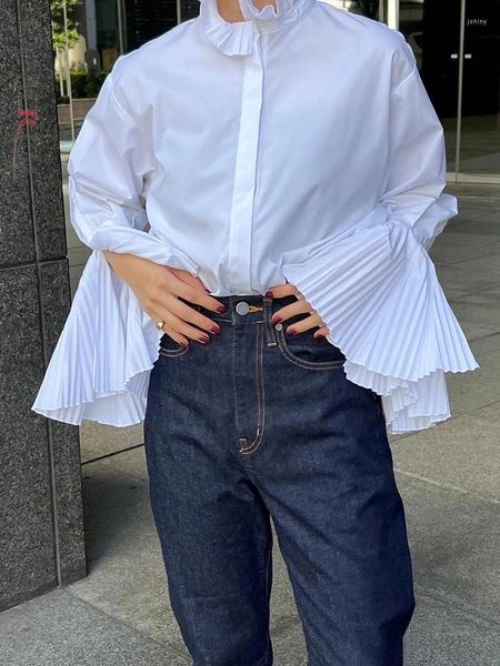 Kadınlar bluzlar lanmrem tasarımcı moda gömlekleri kadınlar büyük parlama kolları tek göğüslü gevşek gevşek Kore tarzı kadın en iyi 2024 bahar 2da3059