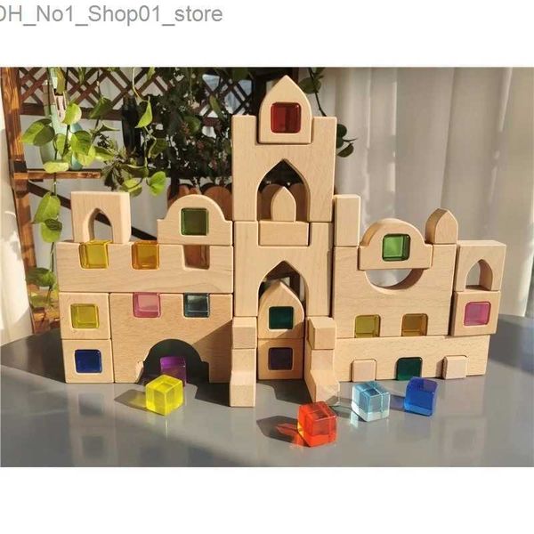 Classificação de aninhamento empilhamento brinquedos blocos de construção de madeira conjunto empilhamento castelo brinquedos com cubos transparentes arco-íris madeiras árvores animais girafa para crianças q231218