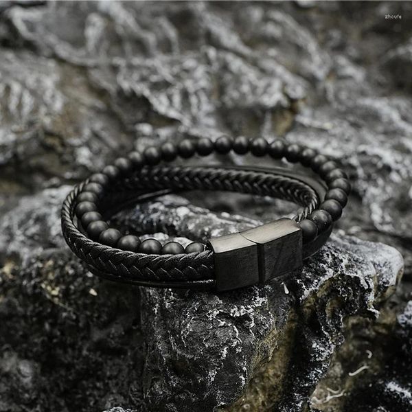 Pulseiras de charme pulseira de pedra natural de pedra de pedra natural, com couro preto de couro preto de aço inoxidável, jóias masculinas de fivela de fivela