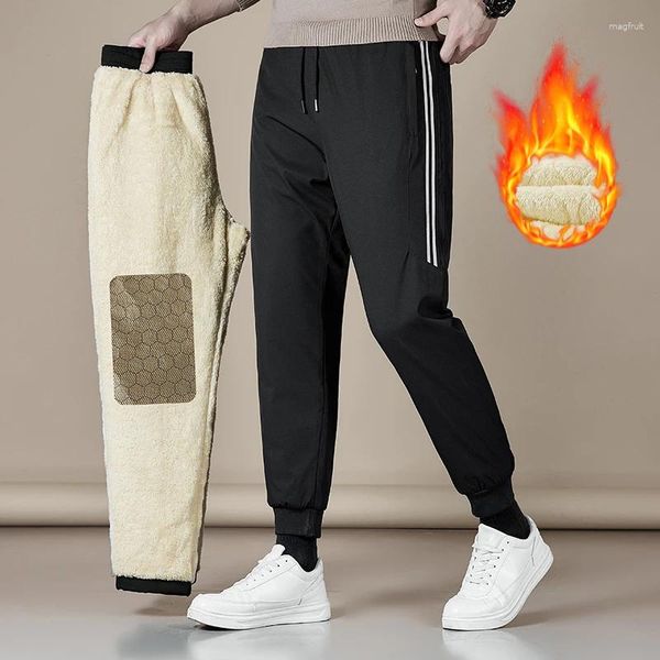 Calças masculinas inverno lã quente forrada com tecido de grafeno joelho harajuku corredores bolsos zip casual 7xl-110kg