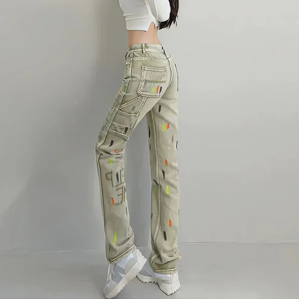 Jeans femininos 2023 y2k menina bordada respingo-tinta moda americana streetwear solta reta retro calças engraçadas ins