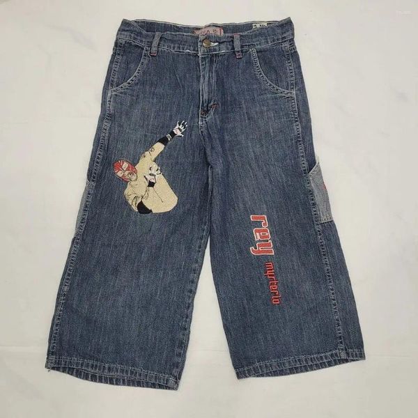 Jeans femininos rua americana retro angustiado padrão bordado solto 90s reto casual lavado design cintura alta perna larga