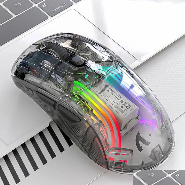 Ratos com fio sem fio mouse gamer rgb luz ajustável jogo transparente bluetooth compatível para desktop notebook computador 231216 drop d otcef