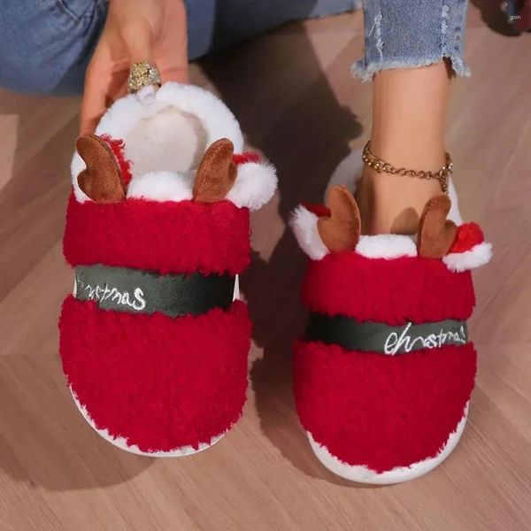 Chinelos de Natal para casa macio fundo grosso senhoras casal interior inverno desenho animado sapatos de algodão