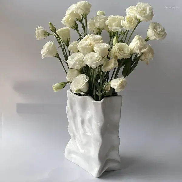 Vasos ins bolsas nórdicas vaso de cerâmica branco corda quadrada plissada sacos de papel vaso de flores sala de plantio de água acessórios de decoração de casa