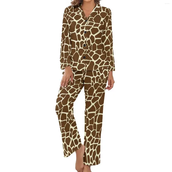 Женская одежда для сна Пижама с жирафом Коричневый животный принт с длинными рукавами Милый комплект из 2 предметов Для отдыха на каждый день Домашний костюм Подарок на день рождения