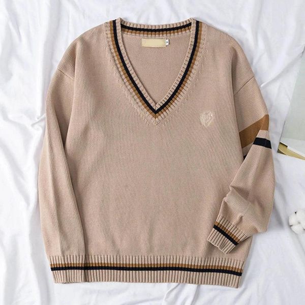 Herrenpullover Trendiger Pullover Pullover Herbst Winter V-Ausschnitt gestrickt lose Langarm Kontrastfarbe Pullover Teen Uniform Tops