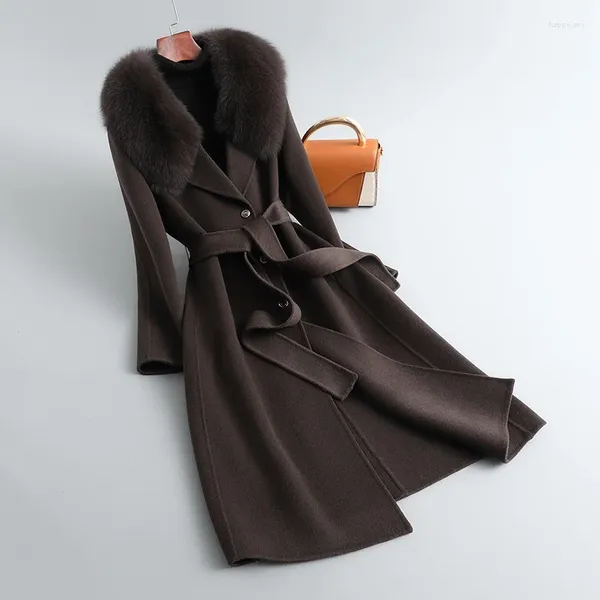 Повседневные платья, двустороннее шерстяное пальто 2023, корейская версия с меховым воротником, длинное, приталенное, шерстяное для женщин