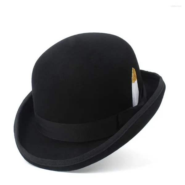 Berretti 4ssize Wool Women's Black Bowler Cappello da boccetta Gentleman papà billycock Cappelli da sposa con pelle di moda