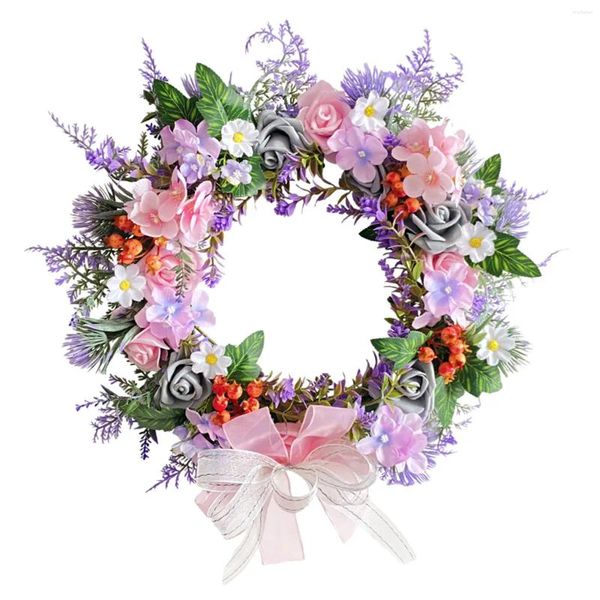 Decorative Flowers Summer Wreaths With Bowknot Realistic Texture Artificial Flower Wreath For Window Office Farmhouse Home Decoration