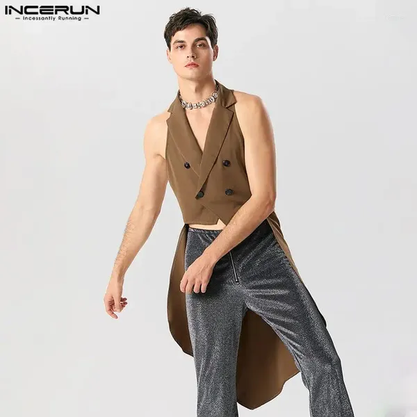 Мужские жилеты INCERUN 2023, мужские однотонные двубортные пиджаки с лацканами, уличная мода, повседневные мужские жилеты